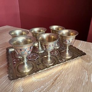 Brass Egg Cups + stand | set of 6, India, calyx, chalice, colourful decoration
